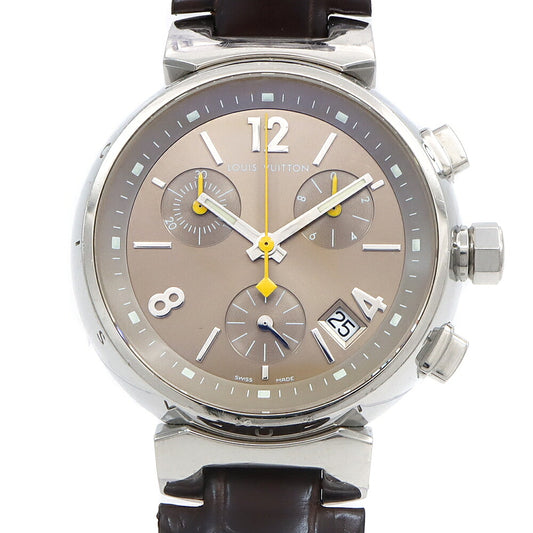 電池交換済 LOUIS VUITTON ルイヴィトン タンブール クロノグラフ Q1322 Q13220 デイト 100m防水 スモールセコンド 茶 ブラウン SS ステンレス 純正ベルト 純正尾錠 レディース ボーイズ クォーツ【6ヶ月保証】【腕時計】【中古】