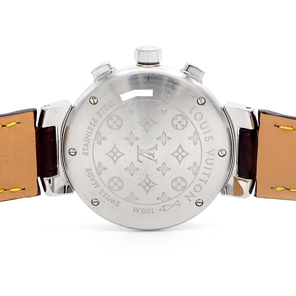電池交換済 LOUIS VUITTON ルイヴィトン タンブール クロノグラフ Q1322 Q13220 デイト 100m防水 スモールセコンド 茶 ブラウン SS ステンレス 純正ベルト 純正尾錠 レディース ボーイズ クォーツ【6ヶ月保証】【腕時計】【中古】