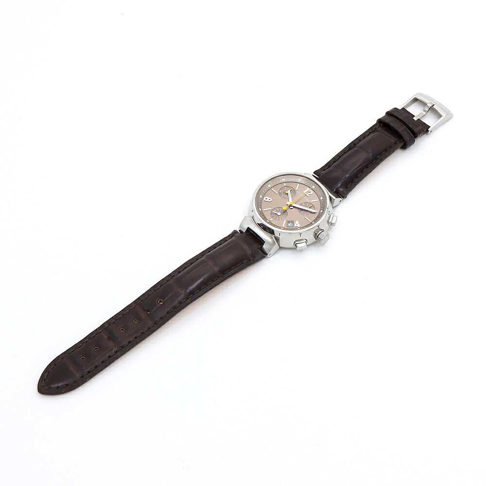 電池交換済 LOUIS VUITTON ルイヴィトン タンブール クロノグラフ Q1322 Q13220 デイト 100m防水 スモールセコンド 茶 ブラウン SS ステンレス 純正ベルト 純正尾錠 レディース ボーイズ クォーツ【6ヶ月保証】【腕時計】【中古】