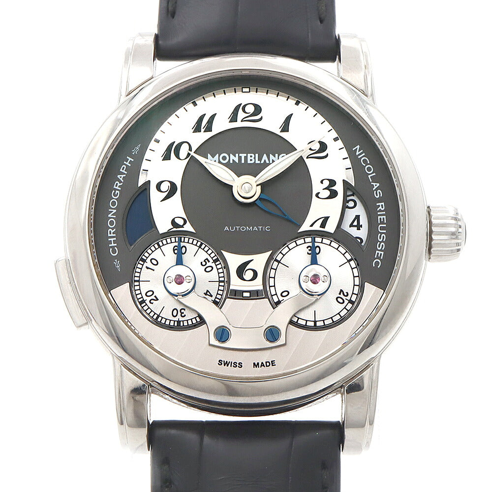 MONTBLANC モンブラン ニコラ リューセック モノプッシャー クロノグラフ 7138 102337 デイト 30ｍ防水 デイ/ナイト表示 裏スケ GMT グレー SS ステンレス 純正ベルト 純正尾錠 メンズ 自動巻き【6ヶ月保証】【腕時計】【中古】