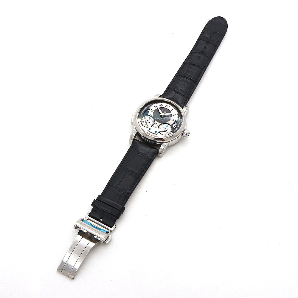 MONTBLANC モンブラン ニコラ リューセック モノプッシャー クロノグラフ 7138 102337 デイト 30ｍ防水 デイ/ナイト表示 裏スケ GMT グレー SS ステンレス 純正ベルト 純正尾錠 メンズ 自動巻き【6ヶ月保証】【腕時計】【中古】