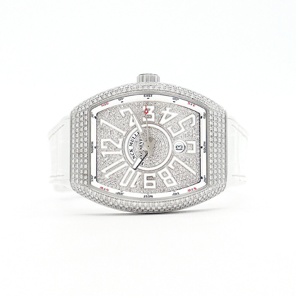 内部点検済 FRANCK MULLER フランクミュラー ヴァンガード ダイヤベゼル V45SCDT ダイヤモンド ダイヤ文字盤 デイト 白 ホワイト SS ステンレス アフターダイヤ メンズ 自動巻き【6ヶ月保証】【中古】【腕時計】