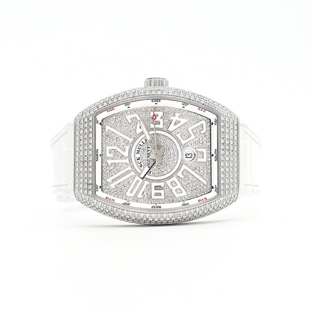 FRANCK MULLER フランクミュラー ヴァンガード ダイヤベゼル V45SCDT ダイヤモンド ダイヤ文字盤 デイト 白 ホワイト SS ステンレス アフターダイヤ メンズ 自動巻き【6ヶ月保証】【中古】【腕時計】