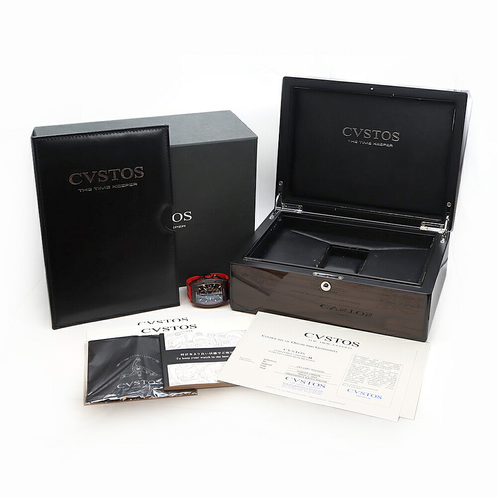 内部点検済 CVSTOS クストス チャレンジ クロノII フォージド カーボン クロノグラフ CVT-CHR2-RED FGDC デイト 100m防水 スモールセコンド パワーリザーブ スケルトン 黒 ブラック カーボン 純正ベルト 純正尾錠 メンズ 自動巻き【6ヶ月保証】【腕時計】【中古】