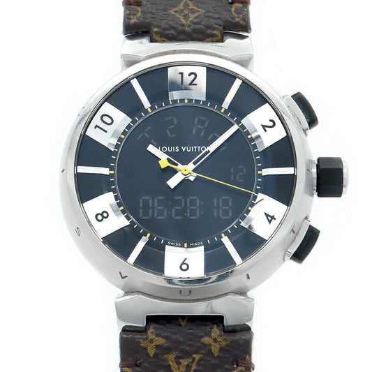電池交換済 LOUIS VUITTON ルイヴィトン タンブール イン ブラック クロノグラフ Q118F デイト 100m防水 黒 ブラック SS ステンレス 純正ベルト 純正尾錠 メンズ デジアナ クォーツ【6ヶ月保証】【腕時計】【中古】