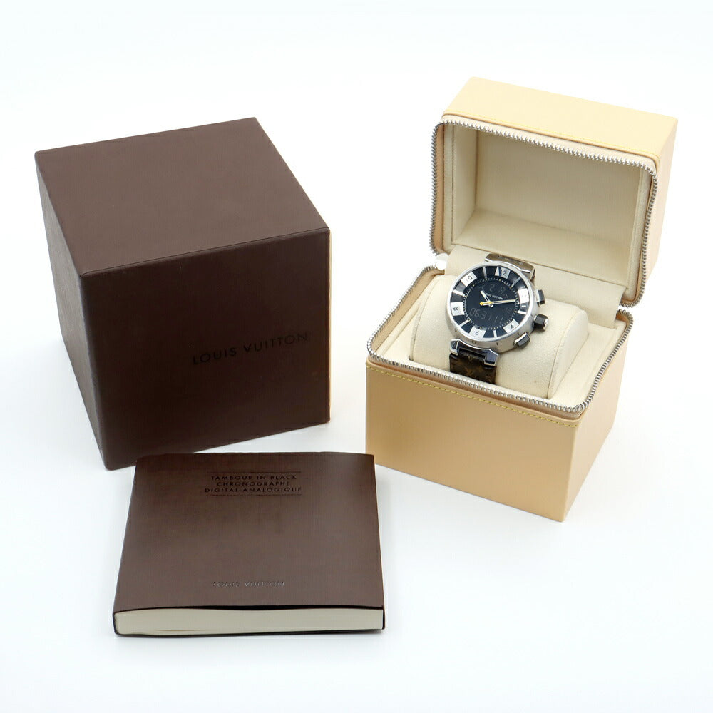電池交換済 LOUIS VUITTON ルイヴィトン タンブール イン ブラック クロノグラフ Q118F デイト 100m防水 黒 ブラック SS ステンレス 純正ベルト 純正尾錠 メンズ デジアナ クォーツ【6ヶ月保証】【腕時計】【中古】