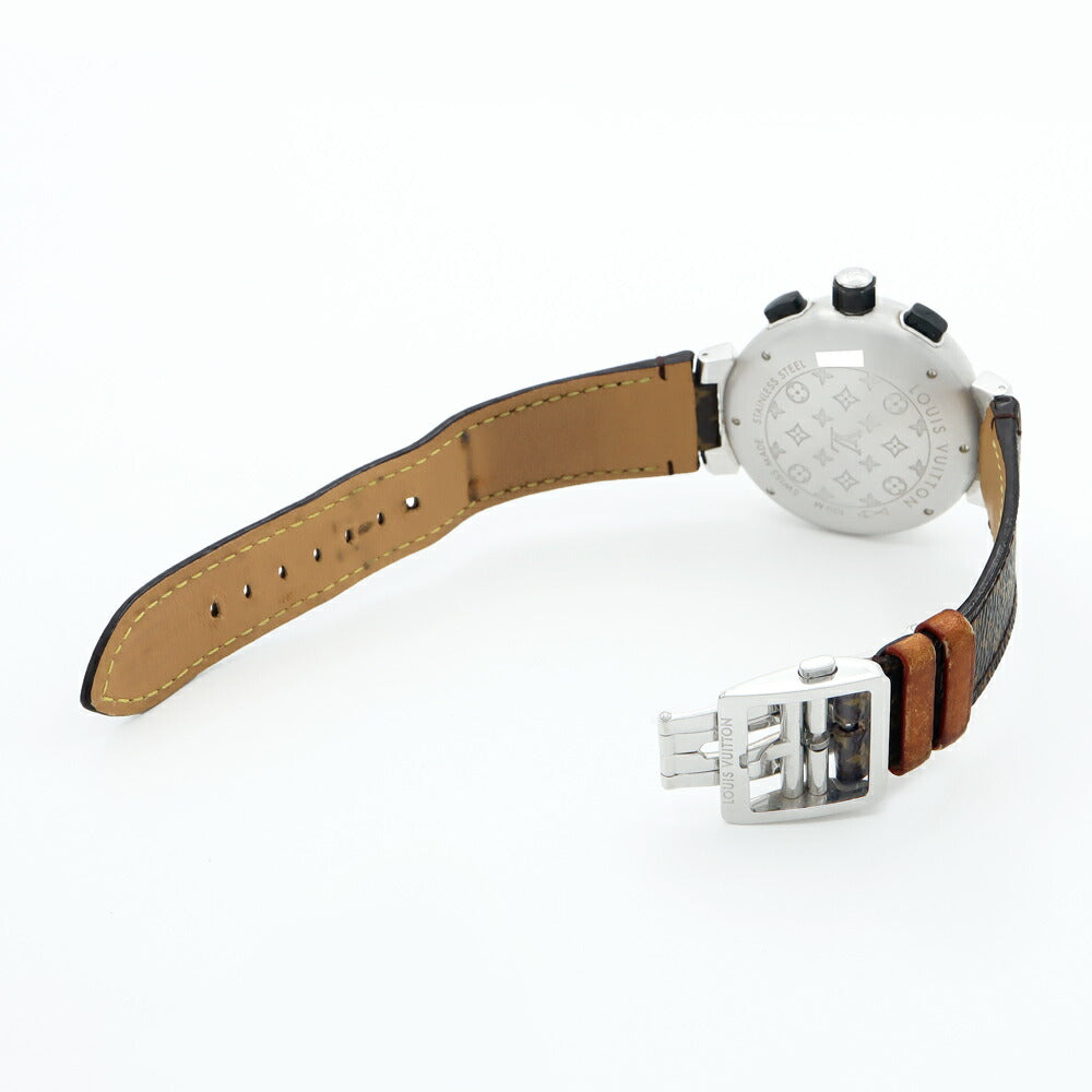 電池交換済 LOUIS VUITTON ルイヴィトン タンブール イン ブラック クロノグラフ Q118F デイト 100m防水 黒 ブラック SS ステンレス 純正ベルト 純正尾錠 メンズ デジアナ クォーツ【6ヶ月保証】【腕時計】【中古】