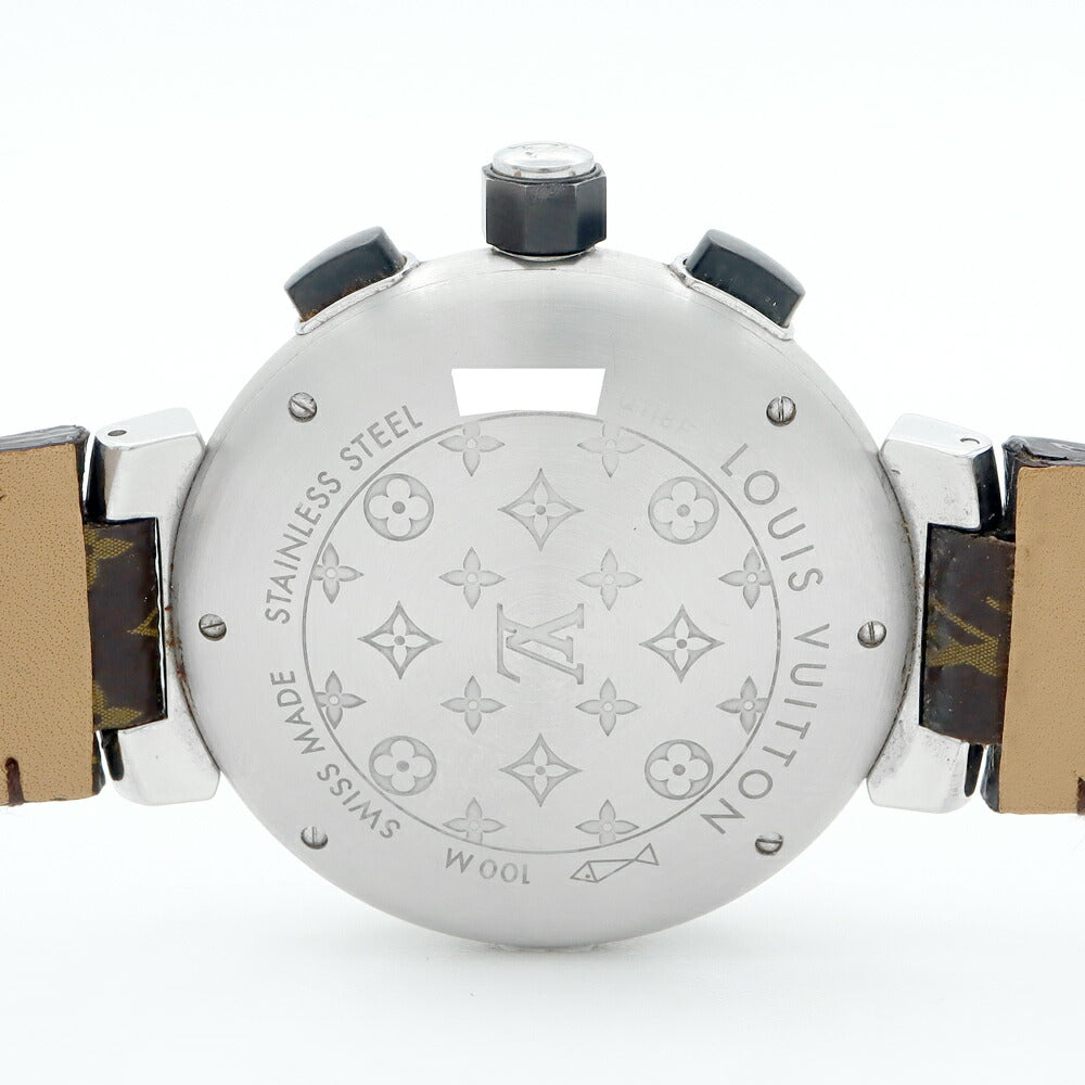 電池交換済 LOUIS VUITTON ルイヴィトン タンブール イン ブラック クロノグラフ Q118F デイト 100m防水 黒 ブラック SS ステンレス 純正ベルト 純正尾錠 メンズ デジアナ クォーツ【6ヶ月保証】【腕時計】【中古】