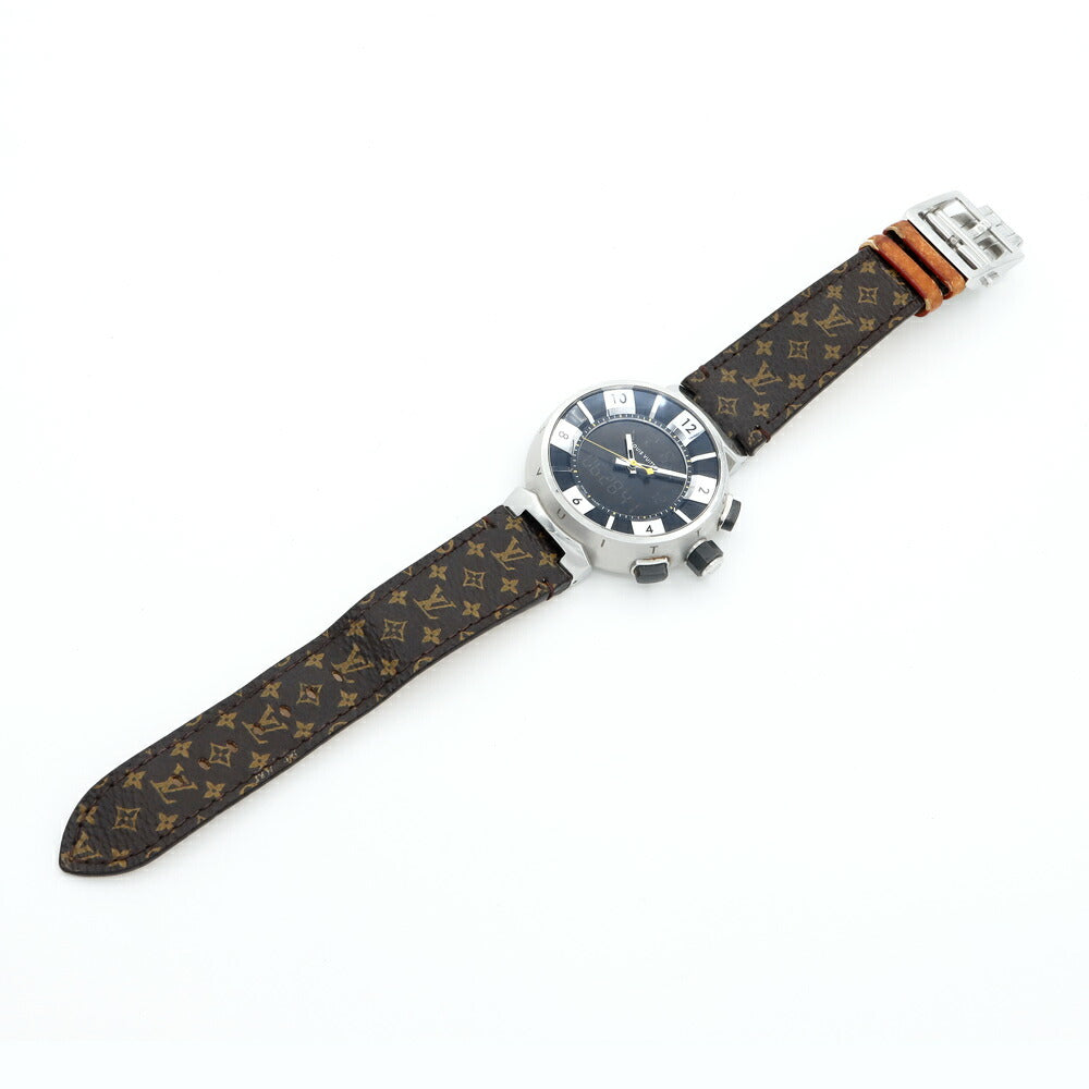 電池交換済 LOUIS VUITTON ルイヴィトン タンブール イン ブラック クロノグラフ Q118F デイト 100m防水 黒 ブラック SS ステンレス 純正ベルト 純正尾錠 メンズ デジアナ クォーツ【6ヶ月保証】【腕時計】【中古】