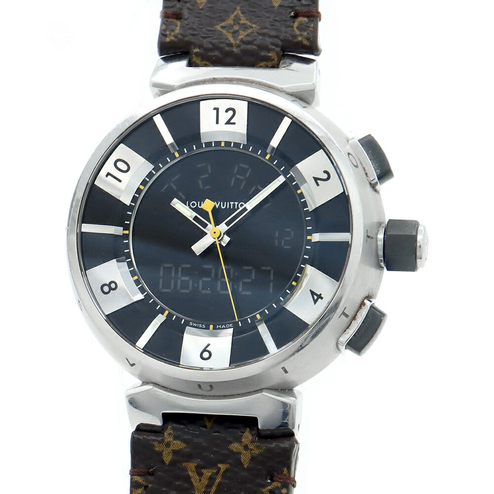 電池交換済 LOUIS VUITTON ルイヴィトン タンブール イン ブラック クロノグラフ Q118F デイト 100m防水 黒 ブラック SS ステンレス 純正ベルト 純正尾錠 メンズ デジアナ クォーツ【6ヶ月保証】【腕時計】【中古】