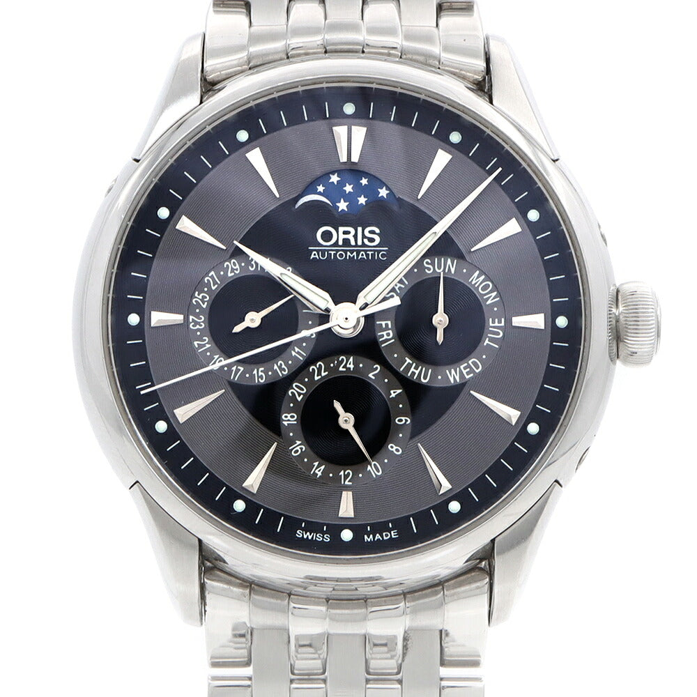 内部点検済 ORIS オリス アートリエ コンプリケーション 7592 30m防水 デイデイト ムーンフェイズ 裏スケ グレー 黒 ブラック SS ステンレス メンズ 自動巻き【6ヶ月保証】【腕時計】【中古】
