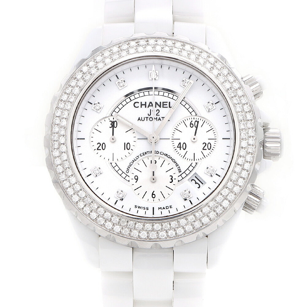 CHANEL シャネル J12 41mm クロノグラフ 2重ダイヤベゼル H2009 ダイヤモンド 9Pダイヤ 200m防水 デイト 白 ホワイト CE セラミック SS ステンレス アフターダイヤ メンズ 自動巻き【6ヶ月保証】【腕時計】【中古】