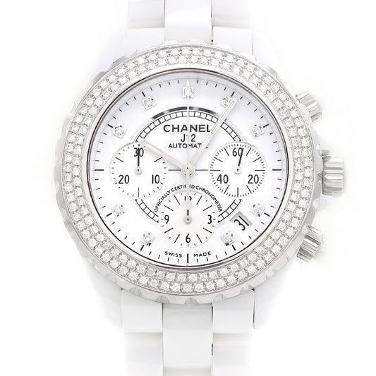 CHANEL シャネル J12 41mm クロノグラフ 2重ダイヤベゼル H2009 ダイヤモンド 9Pダイヤ 200m防水 デイト 白 ホワイト CE セラミック SS ステンレス アフターダイヤ メンズ 自動巻き【6ヶ月保証】【腕時計】【中古】