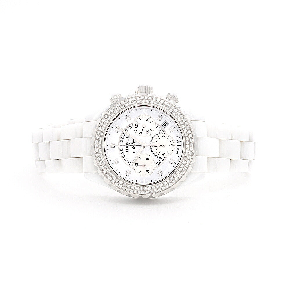 CHANEL シャネル J12 41mm クロノグラフ 2重ダイヤベゼル H2009 ダイヤモンド 9Pダイヤ 200m防水 デイト 白 ホワイト CE セラミック SS ステンレス アフターダイヤ メンズ 自動巻き【6ヶ月保証】【腕時計】【中古】