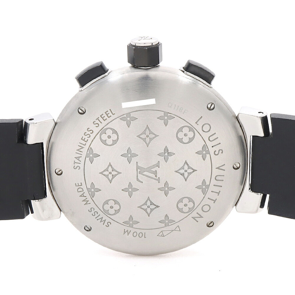 電池交換済 LOUIS VUITTON ルイヴィトン タンブール インブラック クロノグラフ Q118F デイト アラーム 100m防水 黒 ブラック SS ステンレス 純正ベルト 純正尾錠 メンズ デジアナ クォーツ【6ヶ月保証】【腕時計】【中古】
