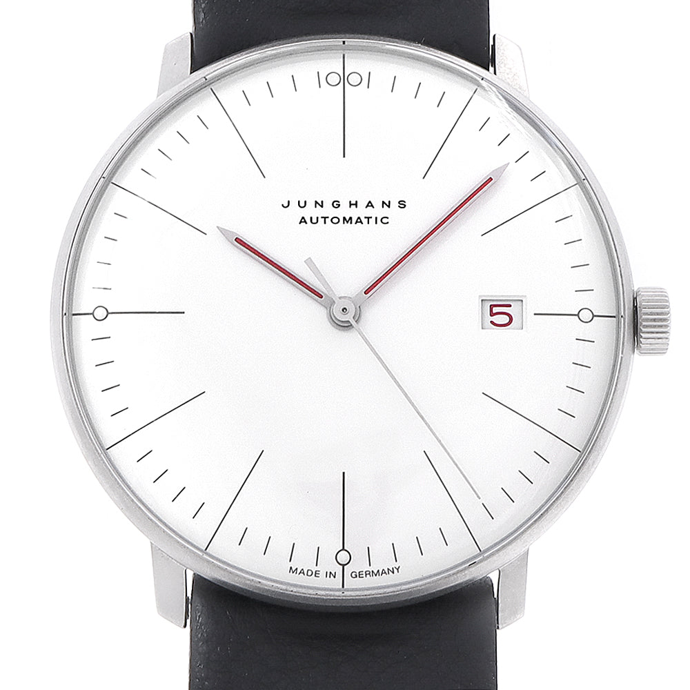 内部点検済 JUNGHANS ユンハンス マックスビル バウハウス 27/4009.02 デイト 裏スケ 30m防水 白 ホワイト SS ステンレス 純正ベルト 純正尾錠 メンズ 自動巻き【6ヶ月保証】【腕時計】【中古】
