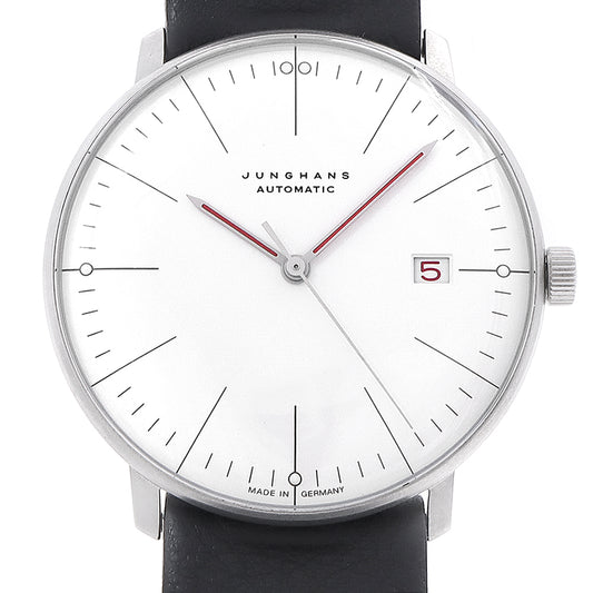 内部点検済 JUNGHANS ユンハンス マックスビル バウハウス 27/4009.02 デイト 裏スケ 30m防水 白 ホワイト SS ステンレス 純正ベルト 純正尾錠 メンズ 自動巻き【6ヶ月保証】【腕時計】【中古】