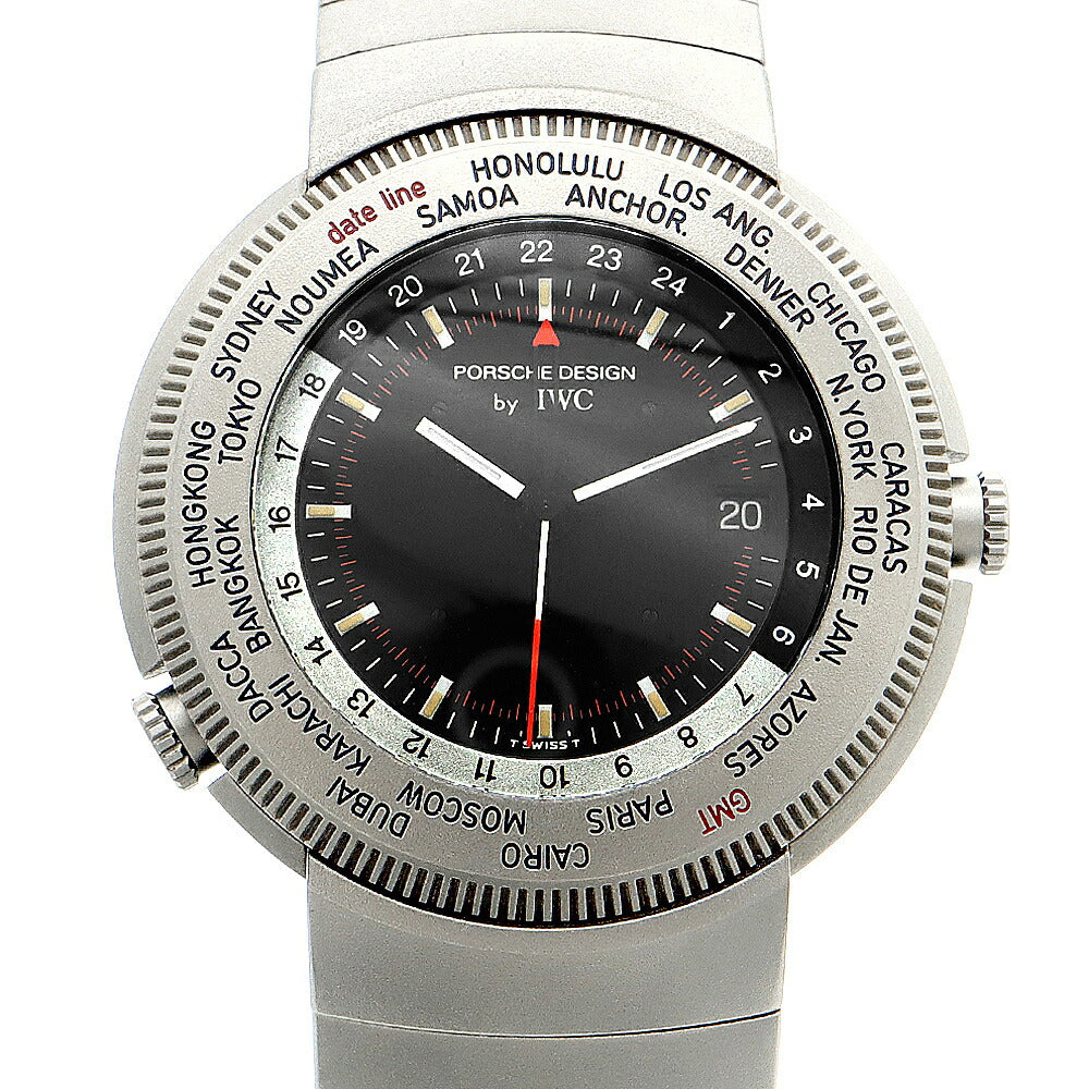 電池交換済 PORSCHE DESIGN By IWC ポルシェ デザイン トラベラーズウォッチ ワールドタイム IW382101 デイト ワールドタイム 黒 ブラック Ti チタン メンズ クォーツ【6ヶ月保証】【腕時計】【中古】