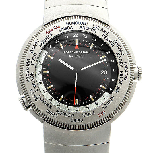 電池交換済 PORSCHE DESIGN By IWC ポルシェ デザイン トラベラーズウォッチ ワールドタイム IW382101 デイト ワールドタイム 黒 ブラック Ti チタン メンズ クォーツ【6ヶ月保証】【腕時計】【中古】