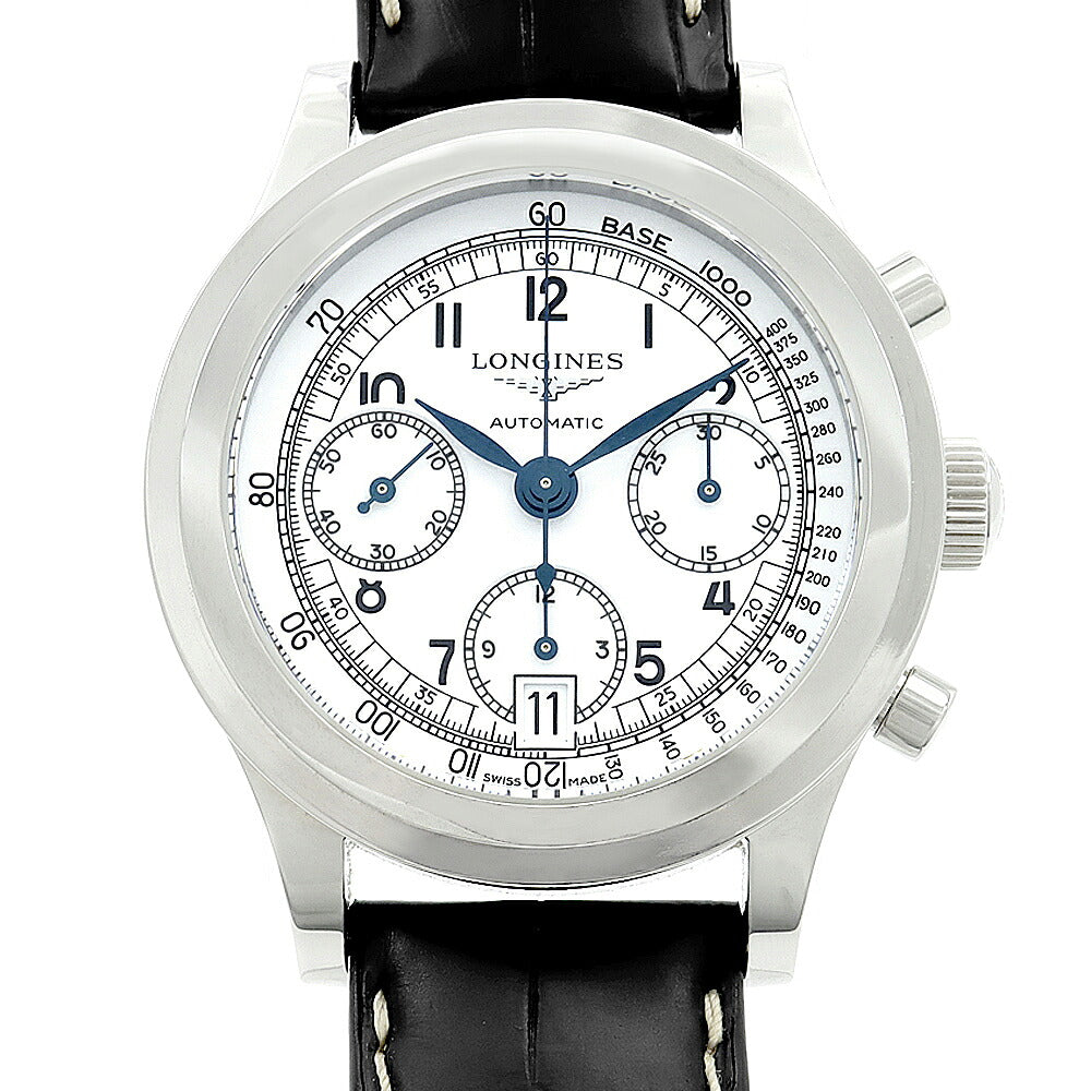内部点検済 LONGINES ロンジン ヘリテージ 1942 クロノグラフ L2.768.4 L2.768.4.13.2 デイト 30m防水 裏スケ 白 ホワイト SS ステンレス 純正ベルト 純正尾錠 メンズ 自動巻き【6ヶ月保証】【腕時計】【中古】