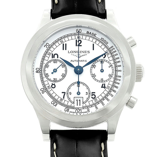 内部点検済 LONGINES ロンジン ヘリテージ 1942 クロノグラフ L2.768.4 L2.768.4.13.2 デイト 30m防水 裏スケ 白 ホワイト SS ステンレス 純正ベルト 純正尾錠 メンズ 自動巻き【6ヶ月保証】【腕時計】【中古】