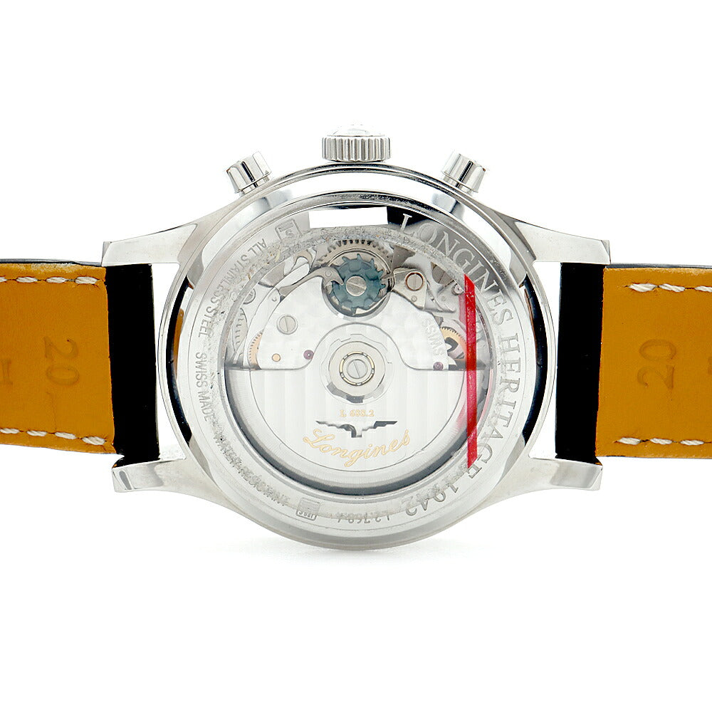 内部点検済 LONGINES ロンジン ヘリテージ 1942 クロノグラフ L2.768.4 L2.768.4.13.2 デイト 30m防水 裏スケ 白 ホワイト SS ステンレス 純正ベルト 純正尾錠 メンズ 自動巻き【6ヶ月保証】【腕時計】【中古】