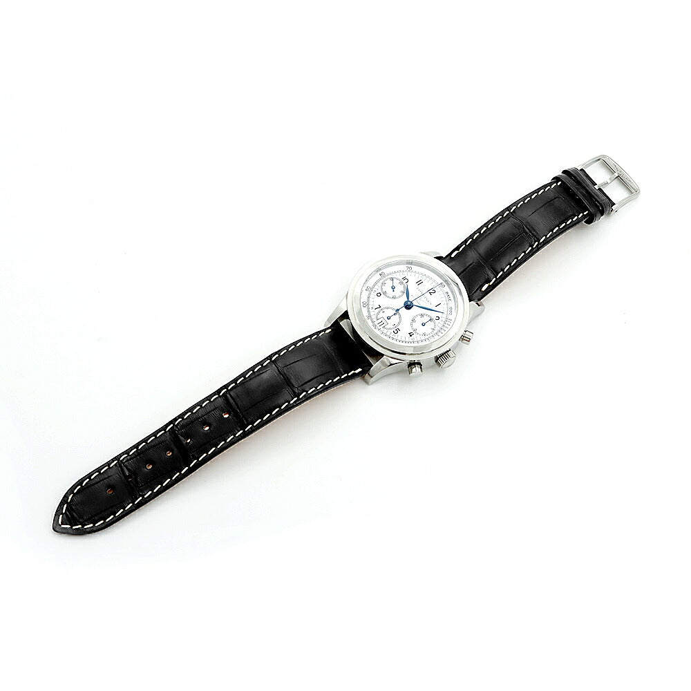 内部点検済 LONGINES ロンジン ヘリテージ 1942 クロノグラフ L2.768.4 L2.768.4.13.2 デイト 30m防水 裏スケ 白 ホワイト SS ステンレス 純正ベルト 純正尾錠 メンズ 自動巻き【6ヶ月保証】【腕時計】【中古】