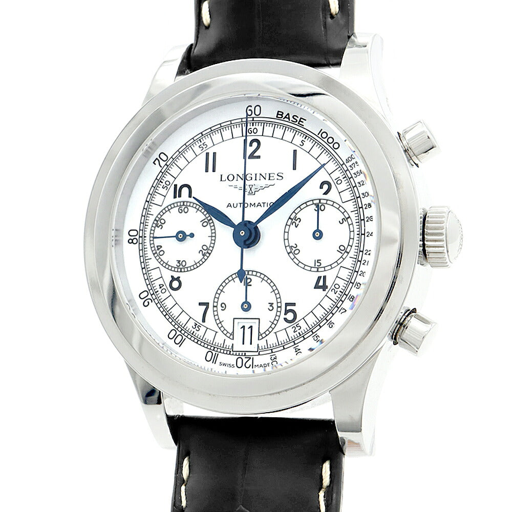 内部点検済 LONGINES ロンジン ヘリテージ 1942 クロノグラフ L2.768.4 L2.768.4.13.2 デイト 30m防水 裏スケ 白 ホワイト SS ステンレス 純正ベルト 純正尾錠 メンズ 自動巻き【6ヶ月保証】【腕時計】【中古】