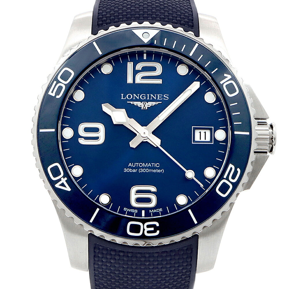 LONGINES ロンジン ハイドロコンクエスト L3.780.4 L3.780.4.96.9 デイト 300m防水 青 ブルー SS ステンレス CE セラミック 純正ベルト 純正尾錠 メンズ 自動巻き【6ヶ月保証】【腕時計】【中古】