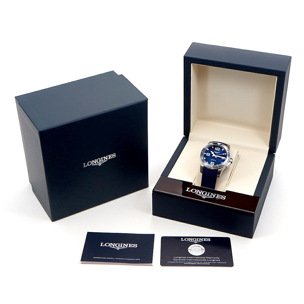 LONGINES ロンジン ハイドロコンクエスト L3.780.4 L3.780.4.96.9 デイト 300m防水 青 ブルー SS ステンレス CE セラミック 純正ベルト 純正尾錠 メンズ 自動巻き【6ヶ月保証】【腕時計】【中古】