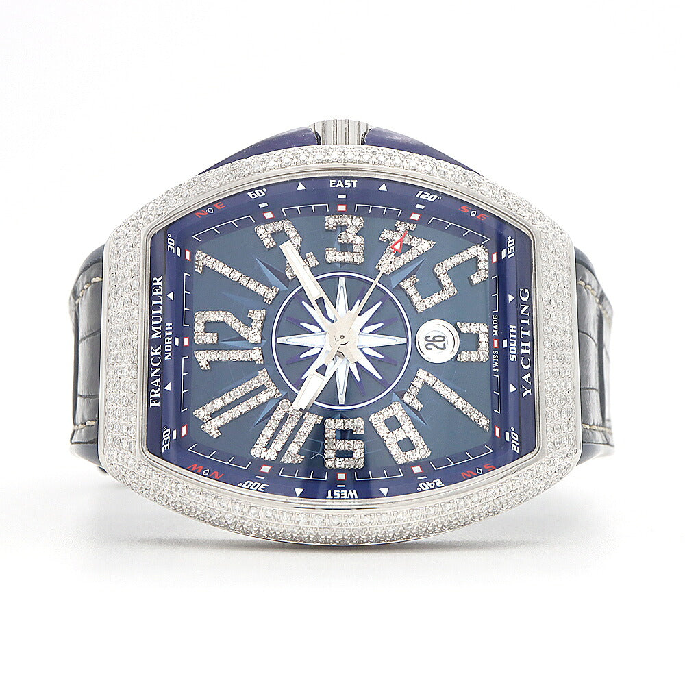 FRANCK MULLER フランクミュラー ヴァンガード ヨッティング ダイヤベゼル V45SCDT ダイヤモンド デイト 青 ブルー SS ステンレス アフターダイヤ メンズ 自動巻き【6ヶ月保証】【中古】【腕時計】