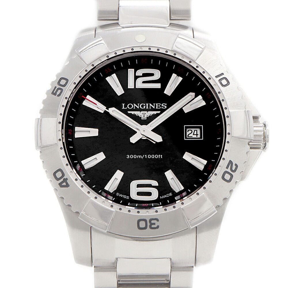 電池交換済 LONGINES ロンジン ハイドロコンクエスト L3.647.4 デイト 300m防水 黒 ブラック SS ステンレス メンズ クォーツ 【6ヶ月保証】【腕時計】【中古】