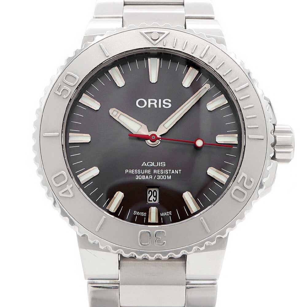 ORIS オリス アクイス デイト レリーフ 01 733 7730 4153 デイト 裏スケ 300m防水 グレー SS ステンレス メンズ 自動巻き【6ヶ月保証】【腕時計】【中古】