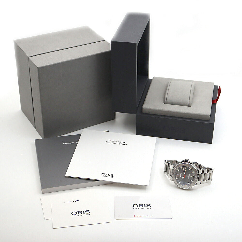 ORIS オリス アクイス デイト レリーフ 01 733 7730 4153 デイト 裏スケ 300m防水 グレー SS ステンレス メンズ 自動巻き【6ヶ月保証】【腕時計】【中古】