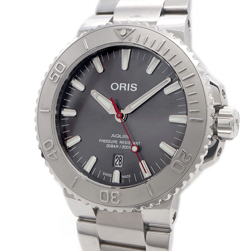 ORIS オリス アクイス デイト レリーフ 01 733 7730 4153 デイト 裏スケ 300m防水 グレー SS ステンレス メンズ 自動巻き【6ヶ月保証】【腕時計】【中古】