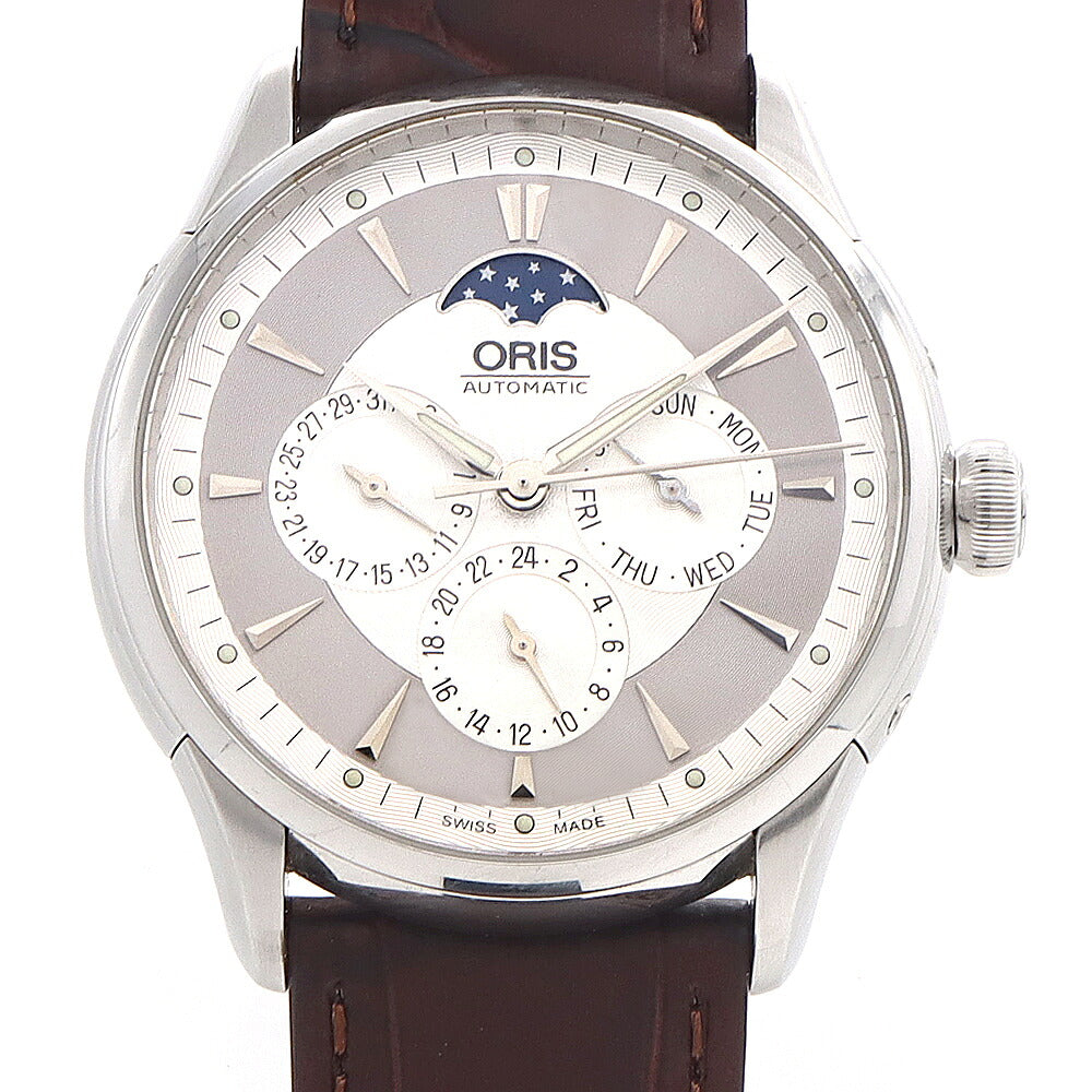 ORIS オリス アートリエ コンプリケーション ムーンフェイズ 7592 デイデイト GMT 裏スケ 30m防水 シルバー ギョーシェ SS ステンレス 純正尾錠 メンズ 自動巻き【6ヶ月保証】【腕時計】【中古】