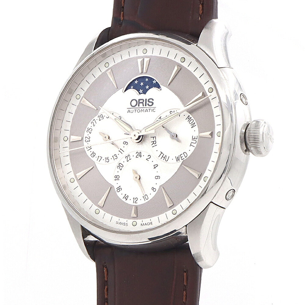 ORIS オリス アートリエ コンプリケーション ムーンフェイズ 7592 デイデイト GMT 裏スケ 30m防水 シルバー ギョーシェ SS ステンレス 純正尾錠 メンズ 自動巻き【6ヶ月保証】【腕時計】【中古】