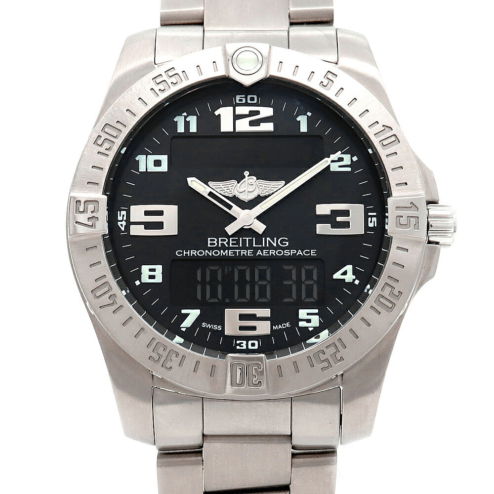 電池交換済 BREITLING ブライトリング エアロスペース エヴォ クロノグラフ E79363 デイト アラーム 100m防水 黒 ブラック Ti チタン メンズ デジアナ クォーツ【6ヶ月保証】【腕時計】【中古】