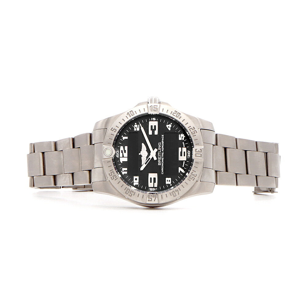 電池交換済 BREITLING ブライトリング エアロスペース エヴォ クロノグラフ E79363 デイト アラーム 100m防水 黒 ブラック Ti チタン メンズ デジアナ クォーツ【6ヶ月保証】【腕時計】【中古】