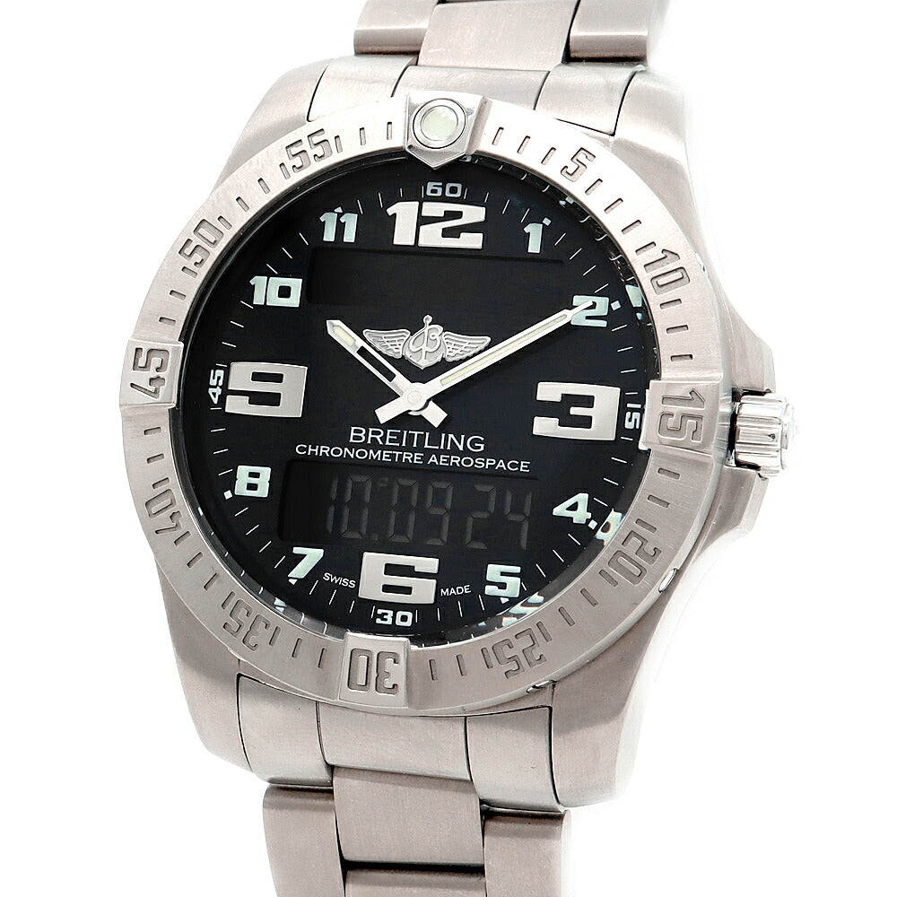 電池交換済 BREITLING ブライトリング エアロスペース エヴォ クロノグラフ E79363 デイト アラーム 100m防水 黒 ブラック Ti チタン メンズ デジアナ クォーツ【6ヶ月保証】【腕時計】【中古】