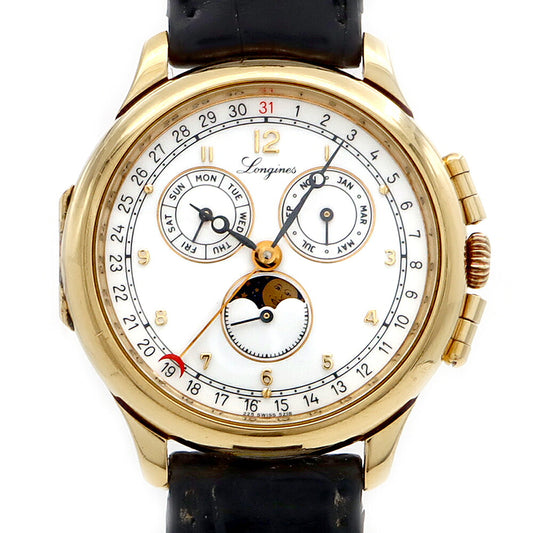 電池交換済 LONGINES ロンジン チャールストン 5218 トリプルカレンダー ムーンフェイズ ポインターデイト 白 ホワイト SS ステンレス GP ゴールド メンズ 純正尾錠 クォーツ【6ヶ月保証】【腕時計】【中古】