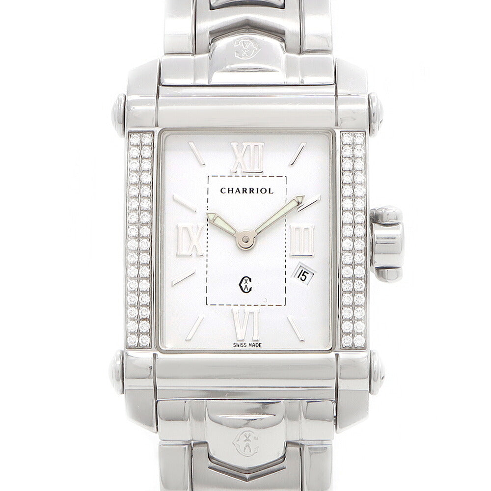 電池交換済 PHILIPPE CHARRIOL フィリップ シャリオール コロンブス ダイヤベゼル 9011910 純正ダイヤモンド デイト 白 ホワイト SS ステンレス メンズ クォーツ【6ヶ月保証】【腕時計】【中古】