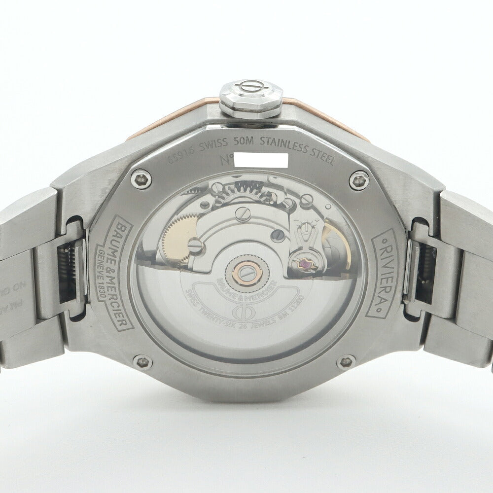 内部点検済 BAUME＆MERCIER ボーム&メルシェ リビエラ 65916 M0A10661 デイト 50ｍ防水 裏スケ グレー SS ステンレス Ti チタン メンズ レディース 自動巻き リヴィエラ【6ヶ月保証】【腕時計】【中古】