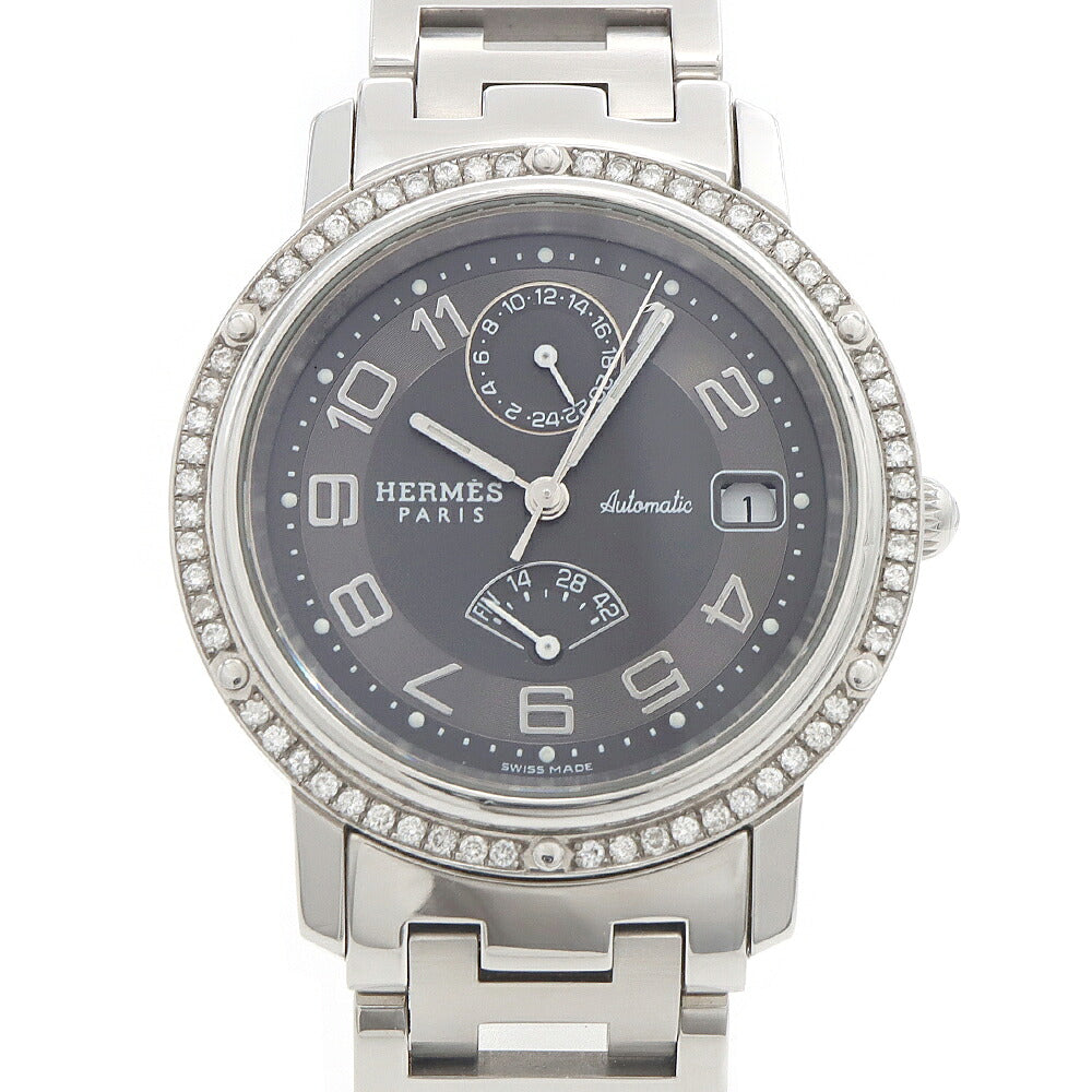HERMES エルメス クリッパー ダイヤベゼル CL2.810 ダイヤモンド デイト パワーリザーブ GMT グレー SS ステンレス メンズ 自動巻き【6ヶ月保証】【腕時計】【中古】