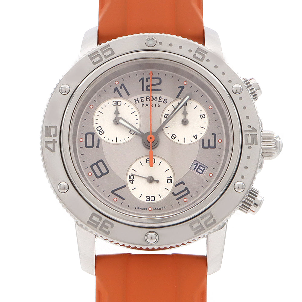 電池交換済 HERMES エルメス クリッパー ダイバー クロノグラフ CP2.410 スモールセコンド デイト シルバー SS ステンレス 純正ベルト 純正尾錠 メンズ レディース ボーイズ クォーツ【6ヶ月保証】【腕時計】【中古】