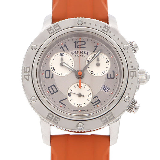 電池交換済 HERMES エルメス クリッパー ダイバー クロノグラフ CP2.410 スモールセコンド デイト シルバー SS ステンレス 純正ベルト 純正尾錠 メンズ レディース ボーイズ クォーツ【6ヶ月保証】【腕時計】【中古】