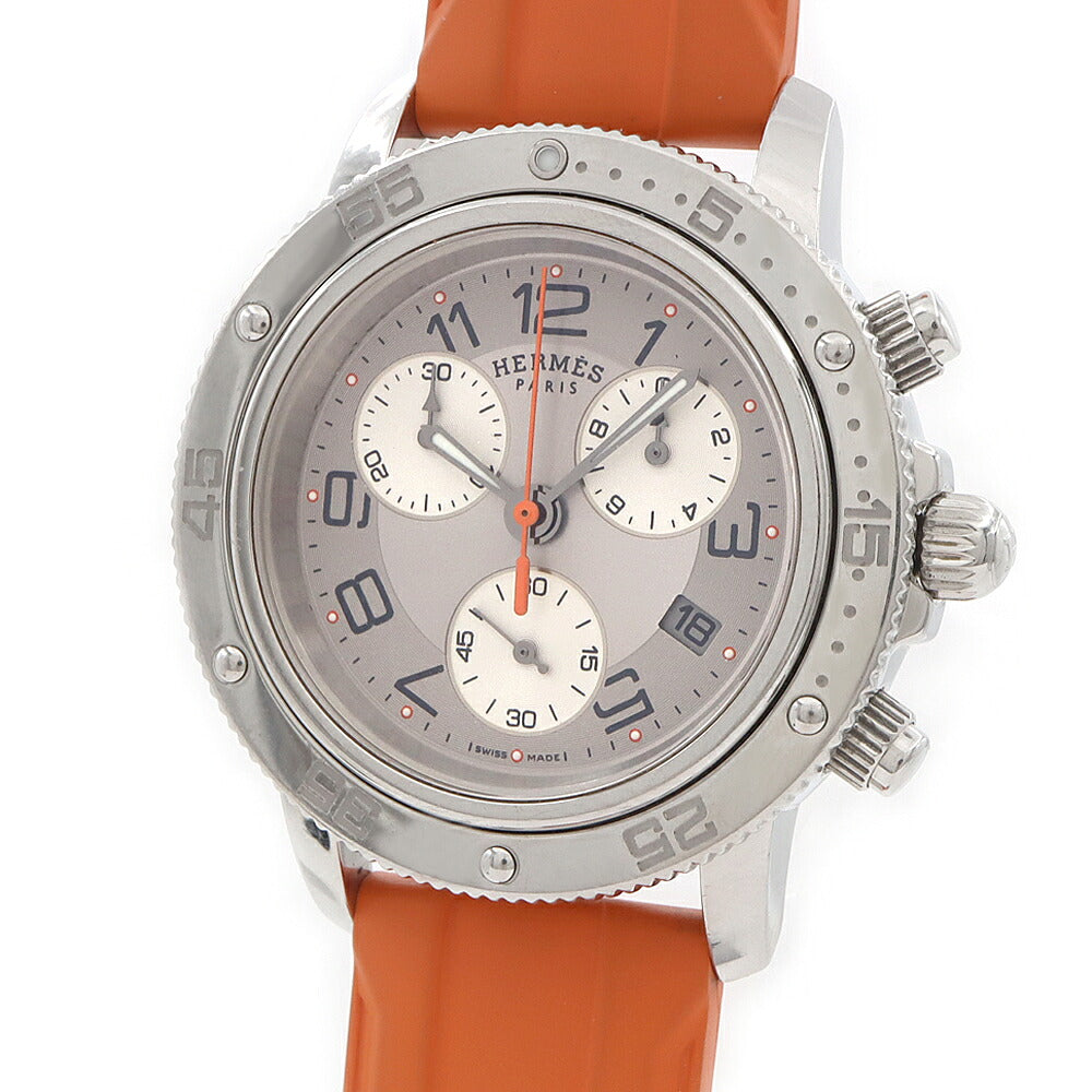 電池交換済 HERMES エルメス クリッパー ダイバー クロノグラフ CP2.410 スモールセコンド デイト シルバー SS ステンレス 純正ベルト 純正尾錠 メンズ レディース ボーイズ クォーツ【6ヶ月保証】【腕時計】【中古】