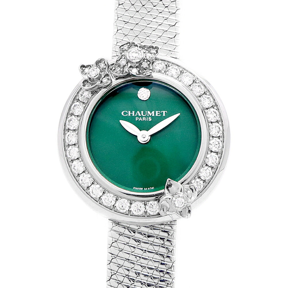 電池交換済 CHAUMET ショーメ オルタンシア コレクション W85411 純正ダイヤモンド ダイヤベゼル 1Pダイヤ 30ｍ防水 緑 グリーン SS ステンレス レディース クォーツ【6ヶ月保証】【腕時計】【中古】