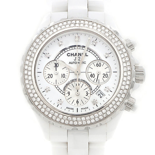 CHANEL シャネル J12 41mm クロノグラフ 2重ダイヤベゼル H2009 ダイヤモンド 9Pダイヤ 200m防水 デイト 白 ホワイト CE セラミック SS ステンレス アフターダイヤ メンズ 自動巻き【6ヶ月保証】【腕時計】【中古】