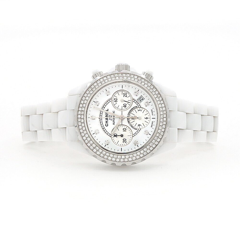 CHANEL シャネル J12 41mm クロノグラフ 2重ダイヤベゼル H2009 ダイヤモンド 9Pダイヤ 200m防水 デイト 白 ホワイト CE セラミック SS ステンレス アフターダイヤ メンズ 自動巻き【6ヶ月保証】【腕時計】【中古】